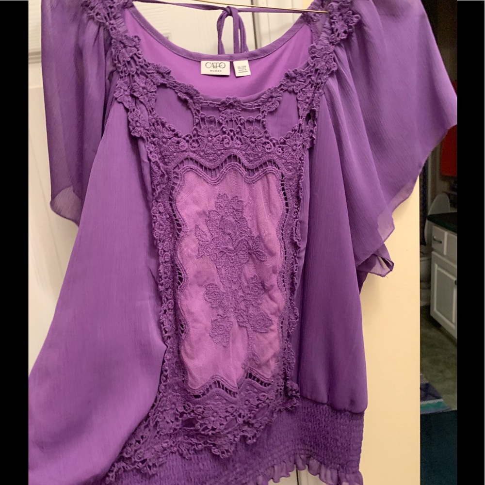 Purple lace blouse 26-28, 27” chest, 28” long